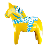 Dala Horse:  Yellow Swedish Dala Horse with Blue and White Kurbits "Swedish Flag Colors" | Grannas A. Olsson | Handcrafted in Sweden