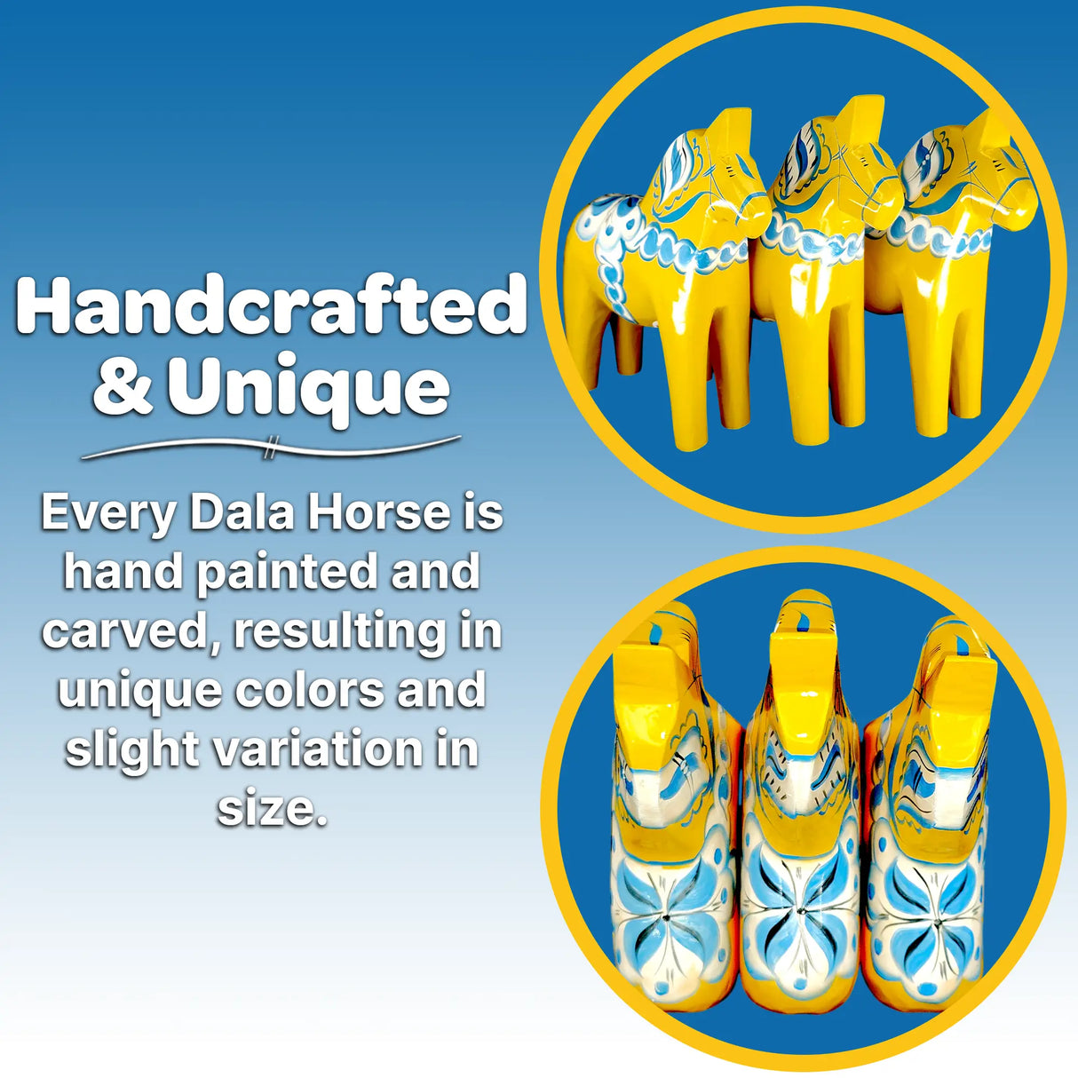 Dala Horse:  Yellow Swedish Dala Horse with Blue and White Kurbits "Swedish Flag Colors" | Grannas A. Olsson | Handcrafted in Sweden