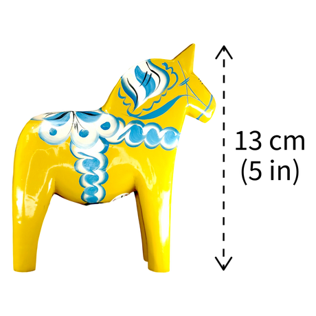 Dala Horse:  Yellow Swedish Dala Horse with Blue and White Kurbits "Swedish Flag Colors" | Grannas A. Olsson | Handcrafted in Sweden