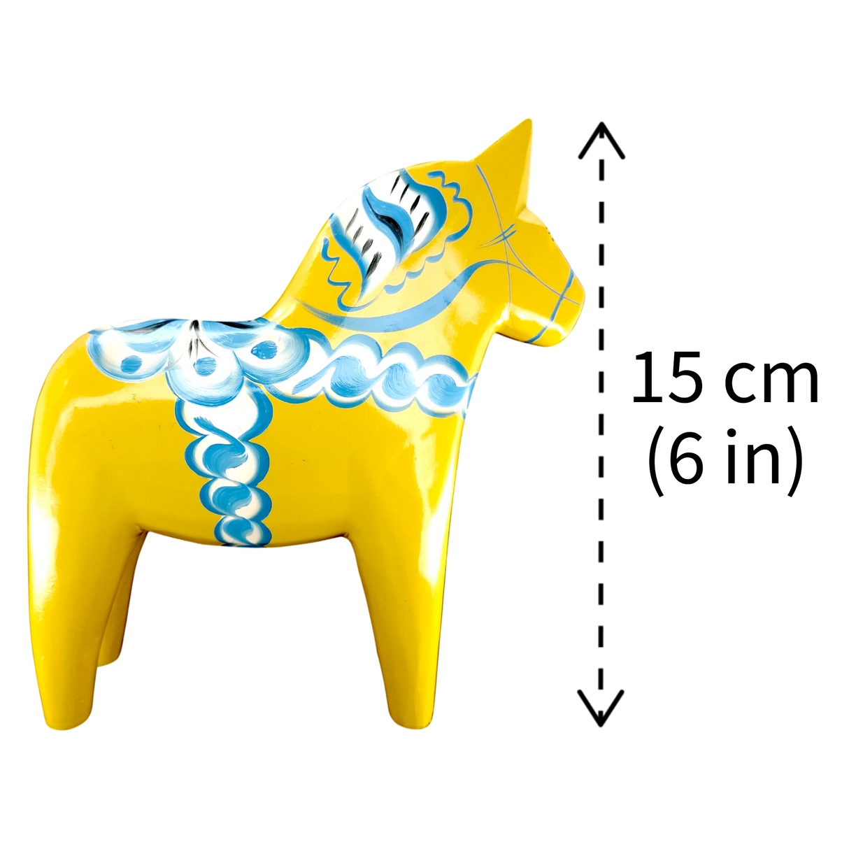 Dala Horse:  Yellow Swedish Dala Horse with Blue and White Kurbits "Swedish Flag Colors" | Grannas A. Olsson | Handcrafted in Sweden
