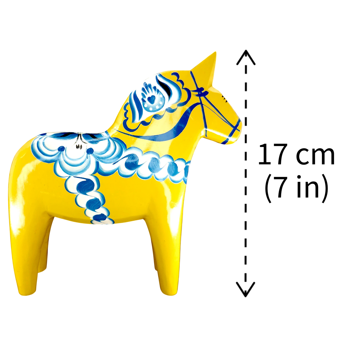 Dala Horse:  Yellow Swedish Dala Horse with Blue and White Kurbits "Swedish Flag Colors" | Grannas A. Olsson | Handcrafted in Sweden