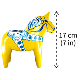 Dala Horse:  Yellow Swedish Dala Horse with Blue and White Kurbits "Swedish Flag Colors" | Grannas A. Olsson | Handcrafted in Sweden