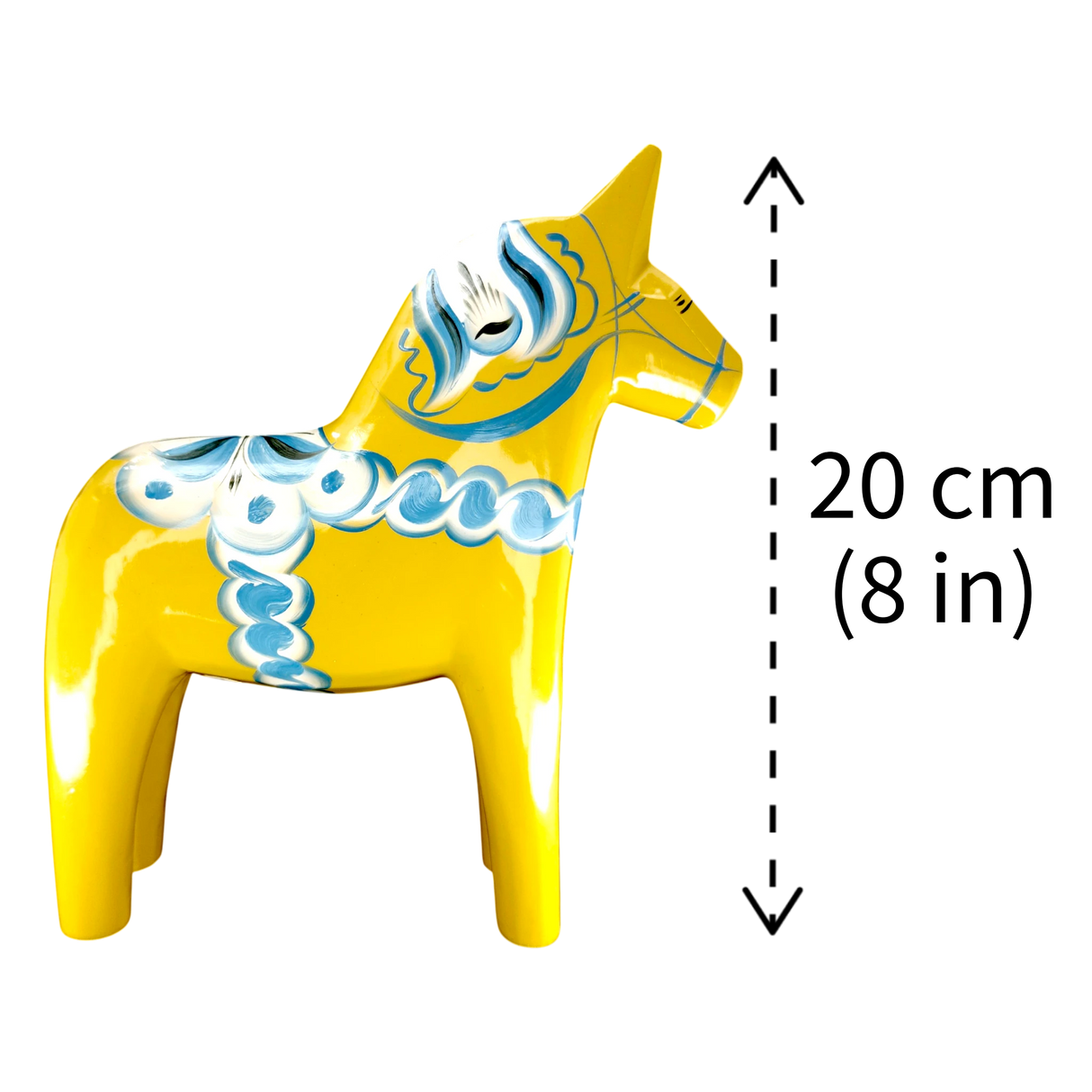 Dala Horse:  Yellow Swedish Dala Horse with Blue and White Kurbits "Swedish Flag Colors" | Grannas A. Olsson | Handcrafted in Sweden