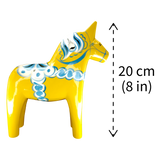 Dala Horse:  Yellow Swedish Dala Horse with Blue and White Kurbits "Swedish Flag Colors" | Grannas A. Olsson | Handcrafted in Sweden