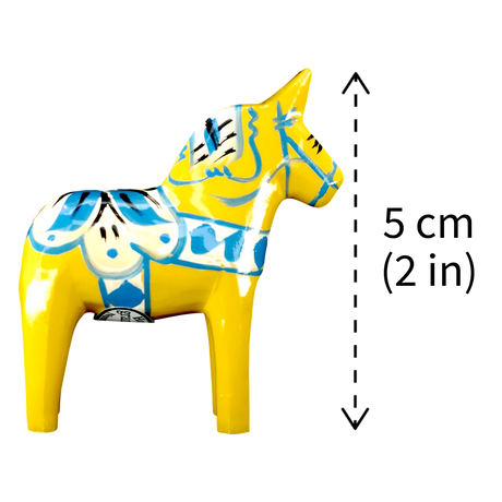 Dala Horse:  Yellow Swedish Dala Horse with Blue and White Kurbits "Swedish Flag Colors" | Grannas A. Olsson | Handcrafted in Sweden