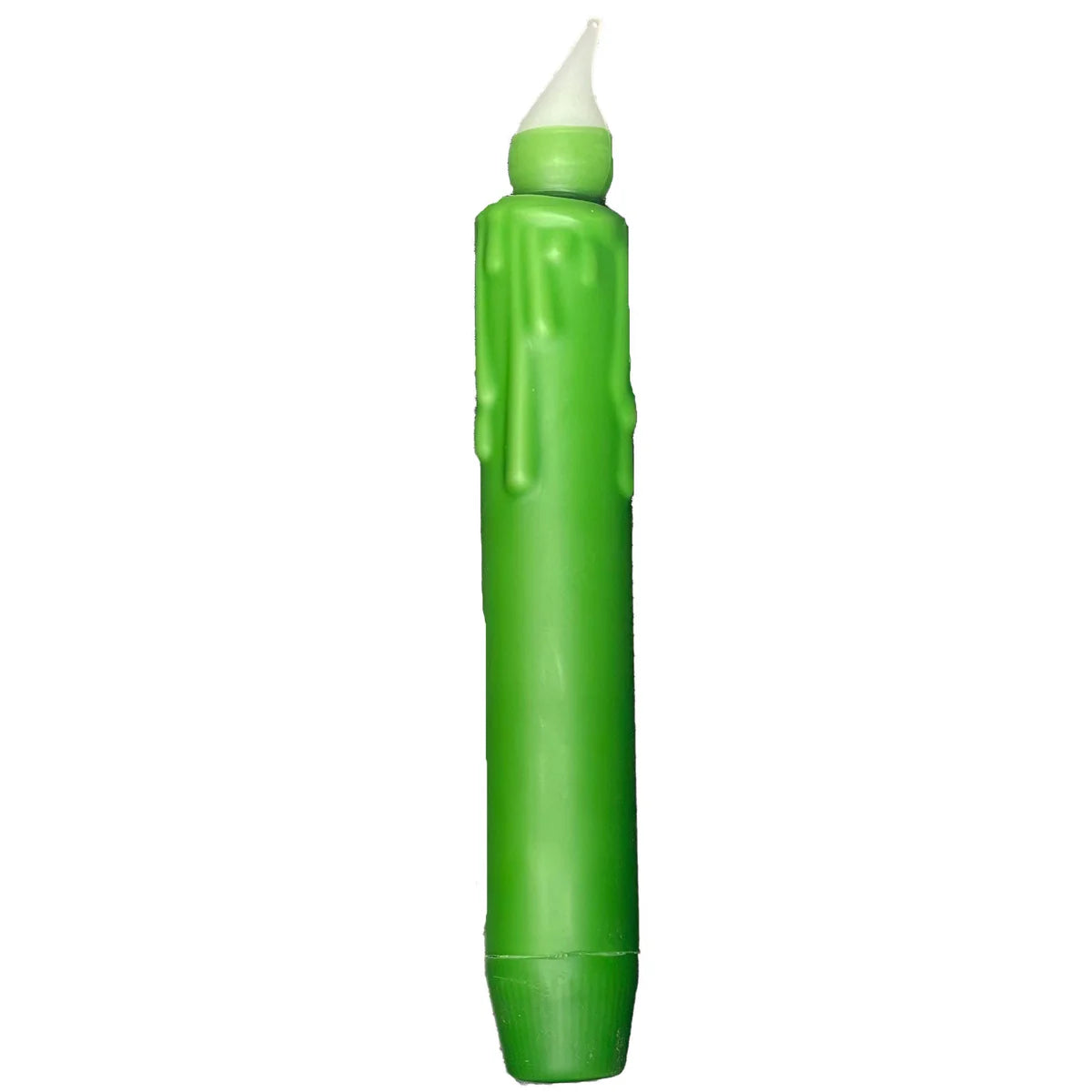 A green pen mimics the design of a 7 hand-dipped beeswax LED taper candle, featuring a white tip that resembles a flame.