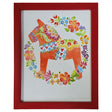 Autographed "Dala Horse" watercolor print by Greta Lann, featuring a colorful floral Swedish Dala Horse in a vibrant red custom frame.