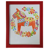 Autographed "Dala Horse" watercolor print by Greta Lann, featuring a colorful floral Swedish Dala Horse in a vibrant red custom frame.