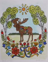 Greta Lann's "Dala Moose" 11x14 print features a brown moose standing on grass between trees under the sun, with vibrant flowers and a blue ribbon in a charming Swedish art style.