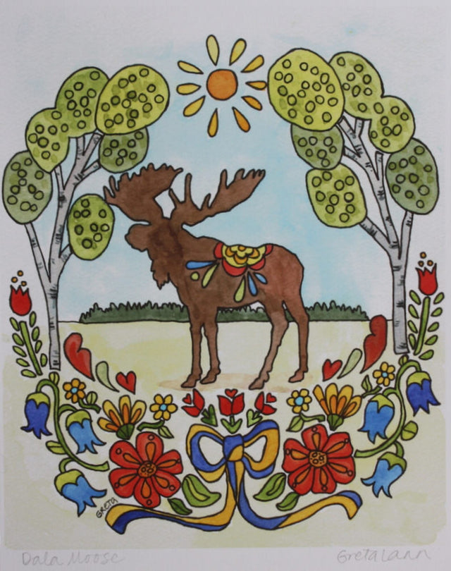 Greta Lann's "Dala Moose" 11x14 print features a brown moose standing on grass between trees under the sun, with vibrant flowers and a blue ribbon in a charming Swedish art style.