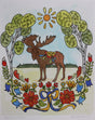 Greta Lann's "Dala Moose" 11x14 print features a brown moose standing on grass between trees under the sun, with vibrant flowers and a blue ribbon in a charming Swedish art style.