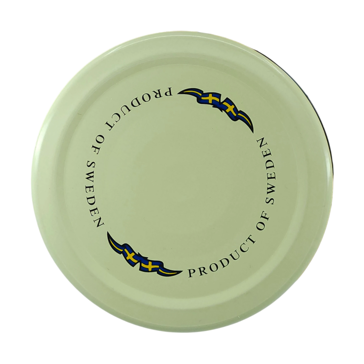A round, light-colored lid displaying “PRODUCT OF SWEDEN” text and Swedish flag graphics.