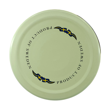 A round, light-colored lid displaying “PRODUCT OF SWEDEN” text and Swedish flag graphics.
