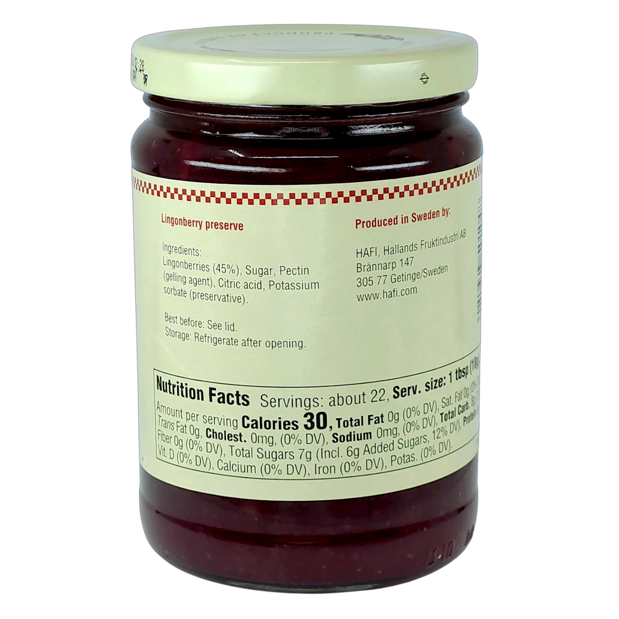 Jar with deep red preserves and a white label showing ingredients, nutrition facts, and storage instructions in English; “Swedish” visible on the packaging.