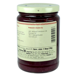 Glass jar with red preserves inside and a white label displaying nutrition facts, details, and the text “Produced in Sweden by Hafi Hallands Fruktindustri AB.”.