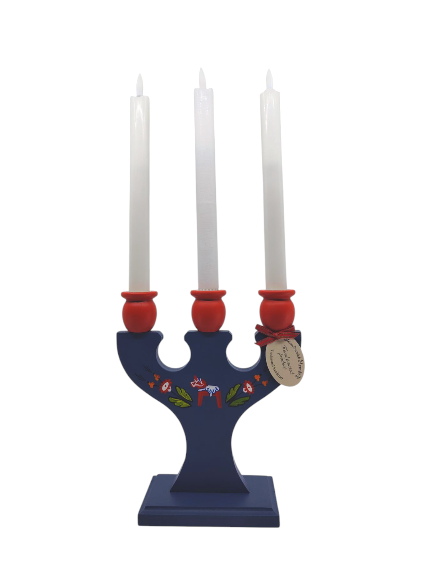 A handcrafted Swedish candle holder in blue, featuring three white candles on a rectangular base adorned with red accents, floral Kurbits patterns, and a classic Dala horse design.