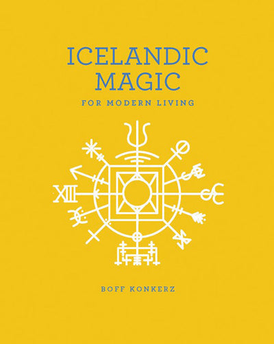A humor book titled "Book: Icelandic Magic" by Boff Konkerz, with a yellow cover adorned with a white magical symbol, providing a whimsical perspective on spells for daily life.