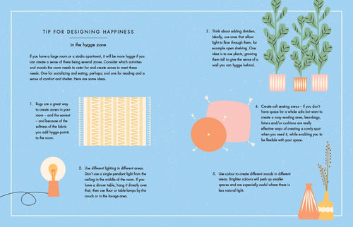 Explore the illustrated guide, "My Hygge Home," to create a happiness-inducing space infused with Danish design elements. Discover tips for using rugs, separating areas, mixing lighting, adding plants, and selecting colorful decor to achieve a truly joyful home. The guide features a light blue background for inspiration.