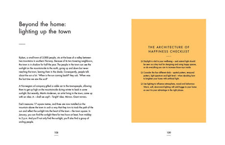 The content consists of two pages from the book "My Hygge Home." The left page describes the lighting in a small town that captures the essence of Hygge. The right page features "The Architecture of Happiness Checklist," which provides tips on utilizing daylight and lighting to enhance wellbeing, drawing inspiration from Danish design principles for creating a happy home.