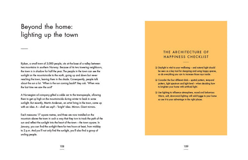 The content consists of two pages from the book "My Hygge Home." The left page describes the lighting in a small town that captures the essence of Hygge. The right page features "The Architecture of Happiness Checklist," which provides tips on utilizing daylight and lighting to enhance wellbeing, drawing inspiration from Danish design principles for creating a happy home.