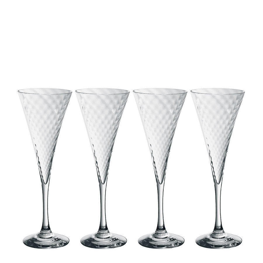 A set of four Orrefors: Helena Champagne Glasses, each with an 8.5oz capacity and featuring a clear, textured design, are displayed in a row on a white background.