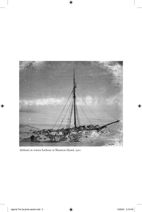 A historical photo of the ship Alabama docked in snow at Shannon Island during 1910, tied to Ejnar Mikkelsens Arctic survival story depicted in Against The Ice - The Classic Arctic Survival Story, now the inspiration for a Netflix film.