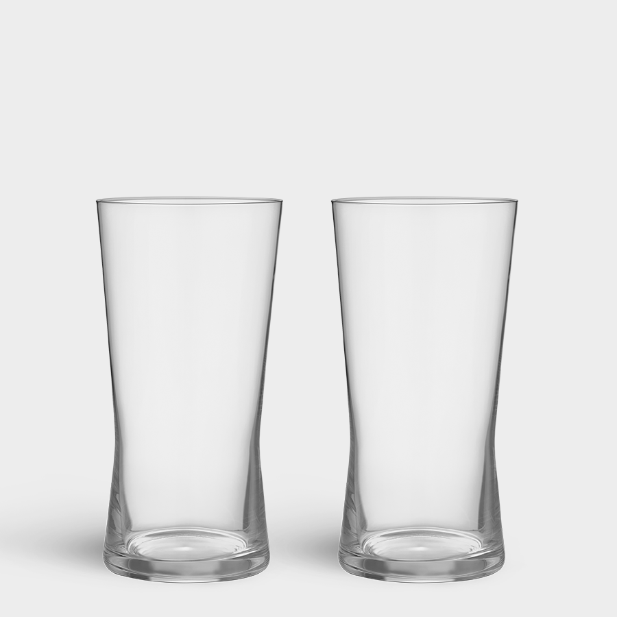 The Orrefors Grace Highball Glass 14.5oz 2-Pack, featuring Erika Lagerbielkes elegant design, showcases two clear glasses on a neutral backdrop.