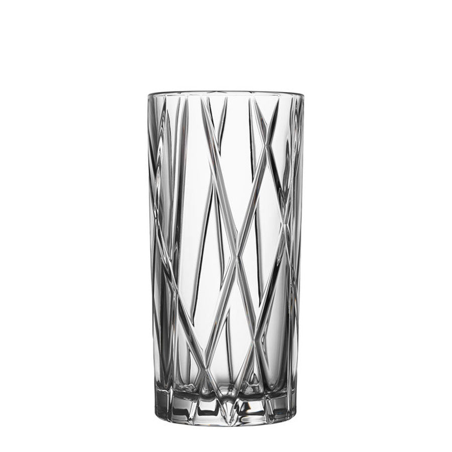 The Orrefors City Highball Glass 12oz (2-Pack) stands upright against a white backdrop, showcasing a clear surface with a vertical crisscross pattern etched on its sides.