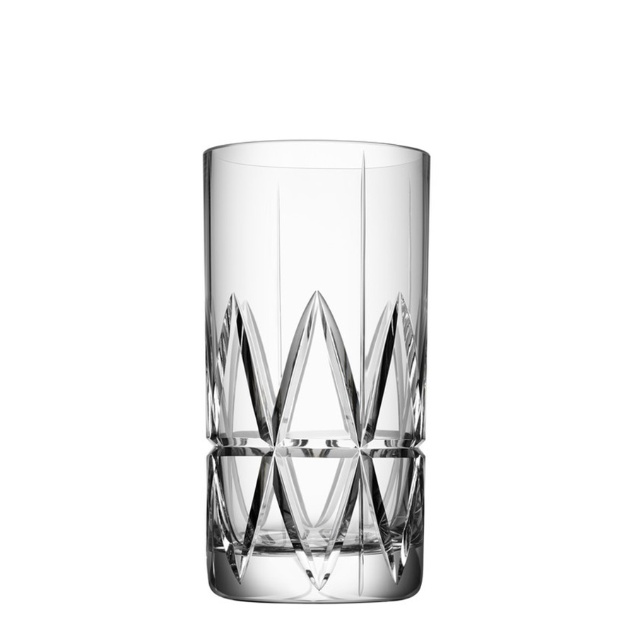 The Orrefors: Peak Highball Glass 12.5oz (4-Pack), designed by Martti Rytkönen, showcases a clear crystal construction adorned with an elegant geometric cut pattern on the lower half.