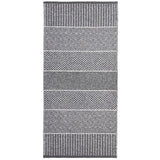 The Mixed Alice rug in grey, made from a cotton and vinyl blend, features a rectangular design with alternating striped and diamond patterns in black and white, suitable for both indoor and outdoor settings.