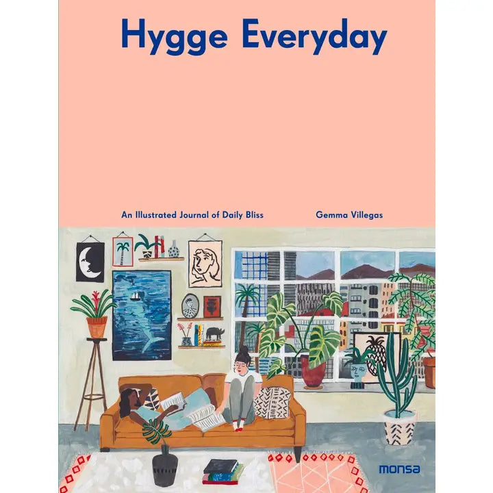 The book cover for Hygge Everyday - An Illustrated Journal of Daily Bliss by Gemma Villegas depicts two people reading cozily on a sofa amidst lush plants and enchanting artwork.