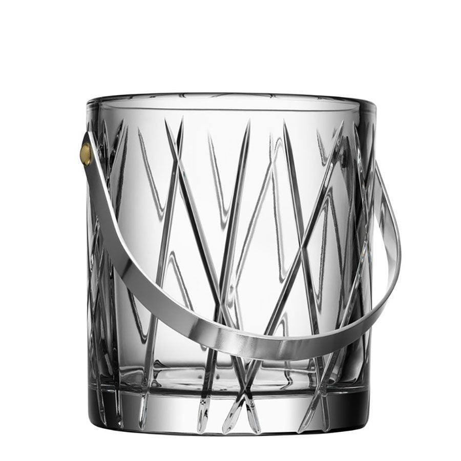 The Orrefors City Ice Bucket, with its silver handle and crisscross etched design, adds elegance to any gathering.