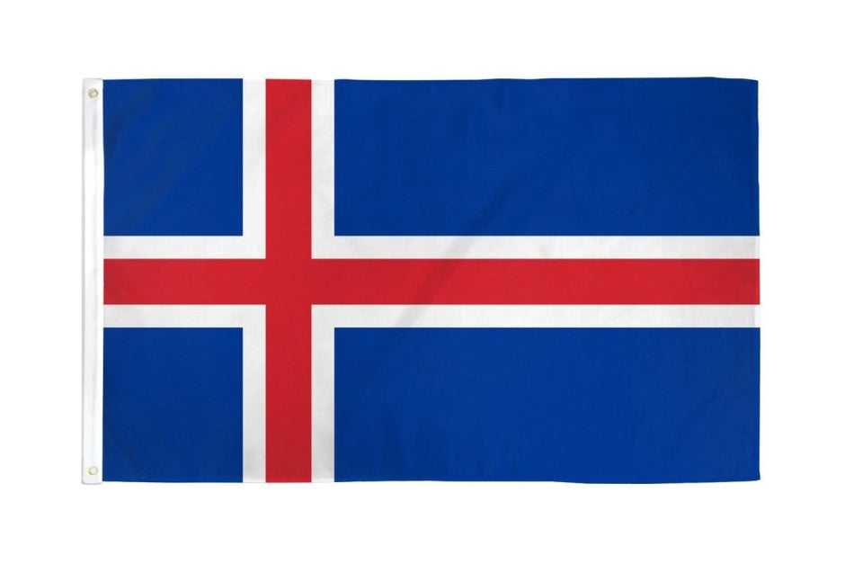 The Flag: Iceland - Polyester National Flag (2x3) features a blue field with a red cross outlined in white, made of durable polyester—ideal for outdoor use.