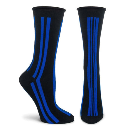 The Ozone - Womens Iconics - Willi Wear socks include two black pieces with vertical blue stripes, showcasing street couture flair, with one sock displayed upright and the other at an angle.