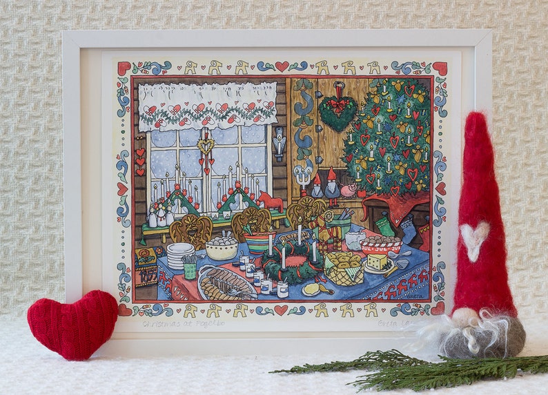 Artwork: Christmas at Fogelbo by Greta Lann is an autographed 11x14 print featuring a festive holiday table with Julbord, Swedish Christmas food, tree, red knitted heart, and felt gnome—perfect for your holiday decor.