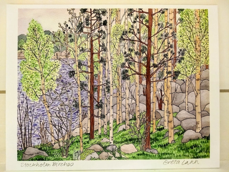 The unframed Stockholm Birches by Greta Lann, sized 11x14, depicts birch and pine trees by a tranquil lake with rocks and foliage on the ground, capturing natures enchanting essence in her signature style.