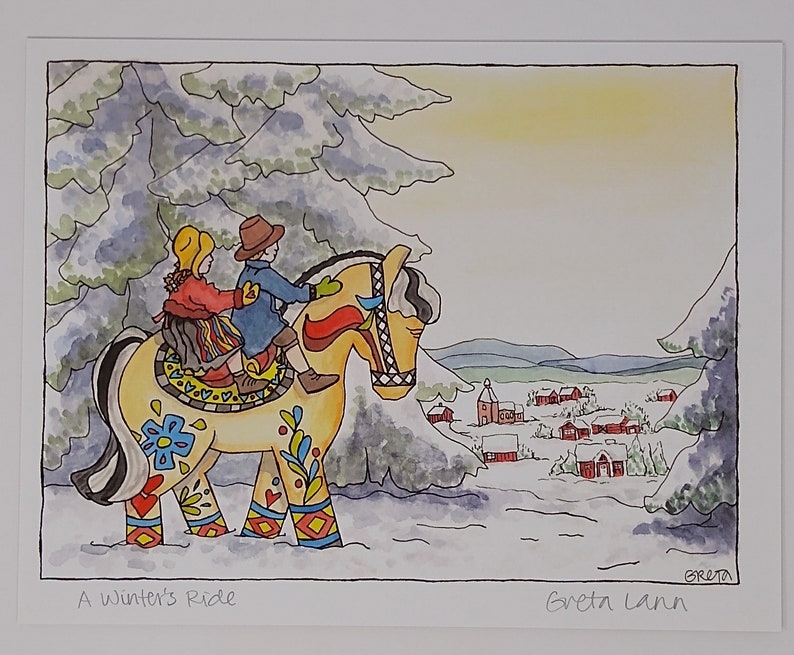 Two people in winter attire ride a Norwegian Fjord horse through snowy scenery toward a village, as seen in "Winter's Ride" by Greta Lann—an 11x14 print evoking classic Swedish art.