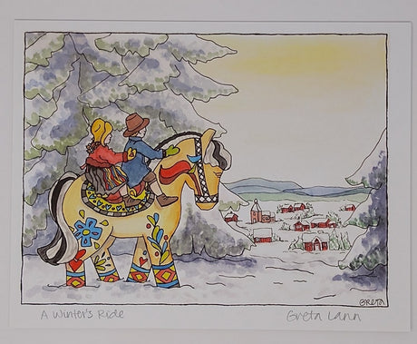 Two people in winter clothes ride a decorated horse through a snowy forest, heading toward a village under a pale yellow sky in "Winter's Ride," an 11x14 autographed art print by Swedish artist Greta Lann.