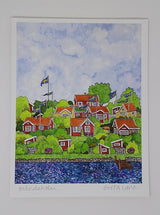 The artwork "Brändaholm" by Greta Lann beautifully depicts a vibrant village with red houses nestled among lush green trees and Swedish flags, adjacent to a glistening body of water. This enchanting scene embodies the spirit of Karlskrona and suggests the presence of Sweden's most picturesque community garden nearby.