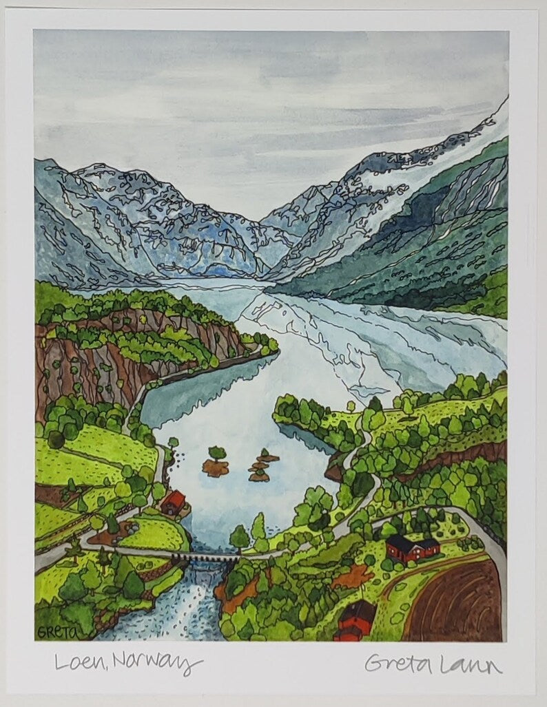 Artwork titled "Loen, Norway" by Greta Lann showcases a picturesque Norwegian landscape with an Instagrammable view of the town of Loen, including a river, green hills, majestic mountains, and scattered houses.