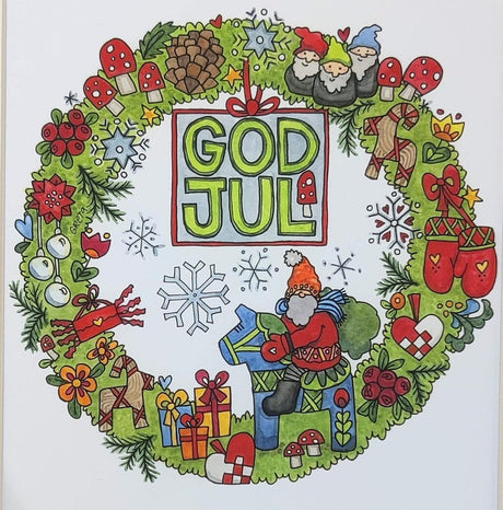 Festive God Jul wreath artwork by Greta Lann, 8x10 print with gnomes, mushrooms, gifts, flowers, and a Swedish Dala horse on green foliage.