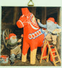 Two white-bearded tomte with red hats, inspired by Jan Berglind, paint a Swedish Dala Horse in a rustic barn on this 6"x6" tile with cork backing & hanger: Tile: Tomte Painting Swedish Dala Horse by Jan Berglind.