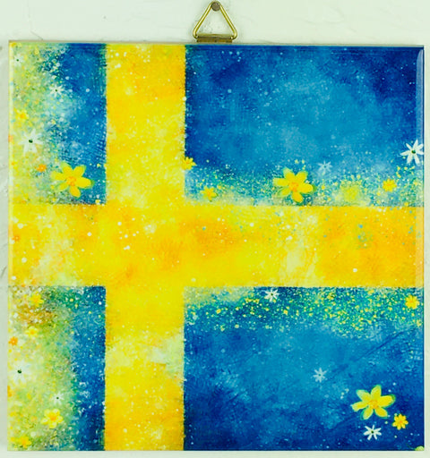 Tile: 6" Ceramic, Swedish Flag with Flowers