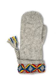 A single Kangos Knit Mitten in light grey (Adult Large) featuring a colorful braided tassel and wrist pattern.