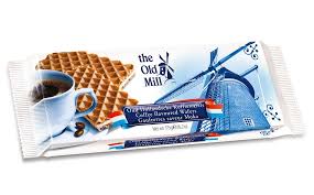 A package of Oud Hollandsche Coffee Cream Wafers, showing waffles, a cup of coffee, and a windmill on the wrapper.