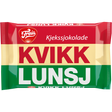The Freia Kvikk Lunsj, a 47g Norwegian treat, features packaging with red, yellow, and green stripes and the iconic Freia Kjekssjokolade KVIKK LUNSJ text, delivering a delightful mix of crunchy milk chocolate wafer.