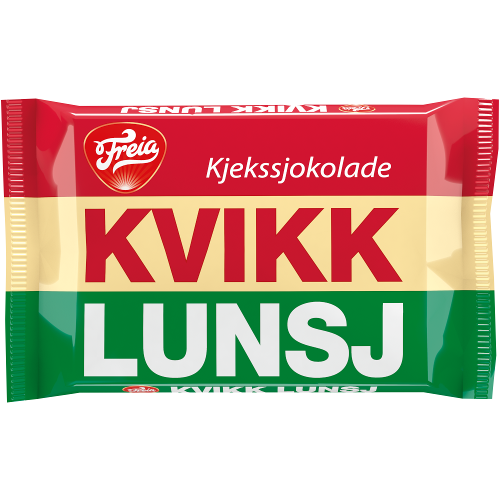 The Freia Kvikk Lunsj, a 47g Norwegian treat, features packaging with red, yellow, and green stripes and the iconic Freia Kjekssjokolade KVIKK LUNSJ text, delivering a delightful mix of crunchy milk chocolate wafer.