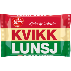 The Freia Kvikk Lunsj, a 47g Norwegian treat, features packaging with red, yellow, and green stripes and the iconic Freia Kjekssjokolade KVIKK LUNSJ text, delivering a delightful mix of crunchy milk chocolate wafer.