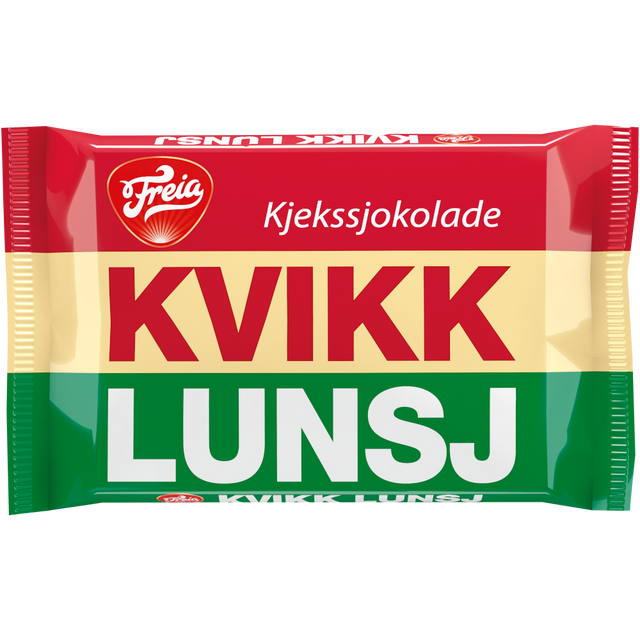 The Freia Kvikk Lunsj, a 47g Norwegian treat, features packaging with red, yellow, and green stripes and the iconic Freia Kjekssjokolade KVIKK LUNSJ text, delivering a delightful mix of crunchy milk chocolate wafer.