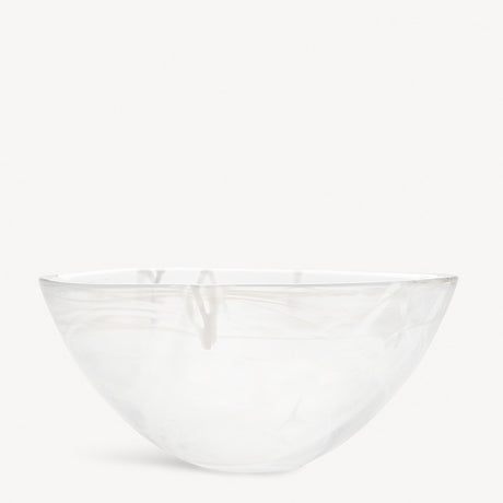A KostaBoda Contrast Bowl in white with blue and black veining, designed by Anna Ehrner, is set against a plain, light background.